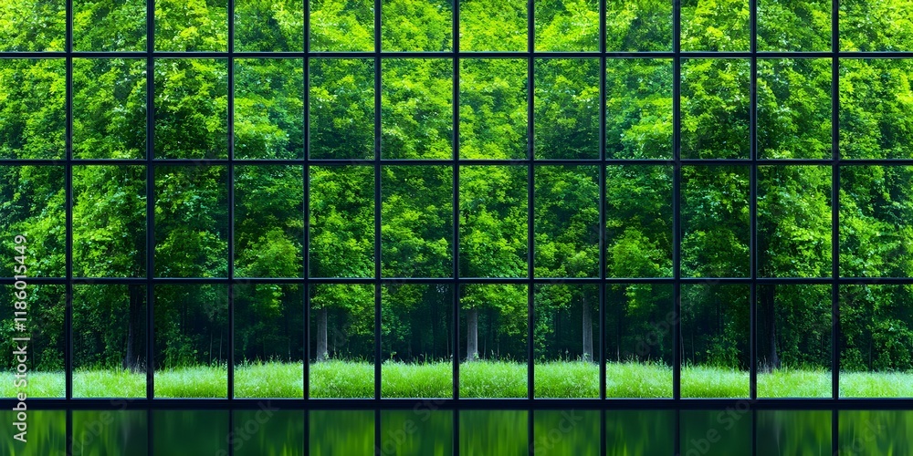 Poster a modern glass structure with a large window displaying lush green trees and grass outside, reflecti