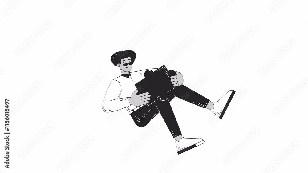 Poster business casual hispanic man holding large puzzle piece outline 2d character doodle animation. solut
