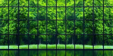 A modern glass structure with a large window displaying lush green trees and grass outside, reflecting nature. Concept Modern Architecture, Glass Design, Natural Reflection