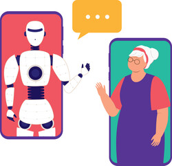 AI Robot And Elderly Woman Inside The Cellphone Waving And Greeting To Each Other.