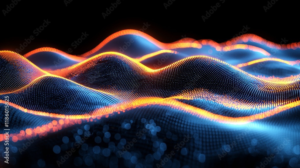 Poster glowing particles move dynamically across an abstract landscape