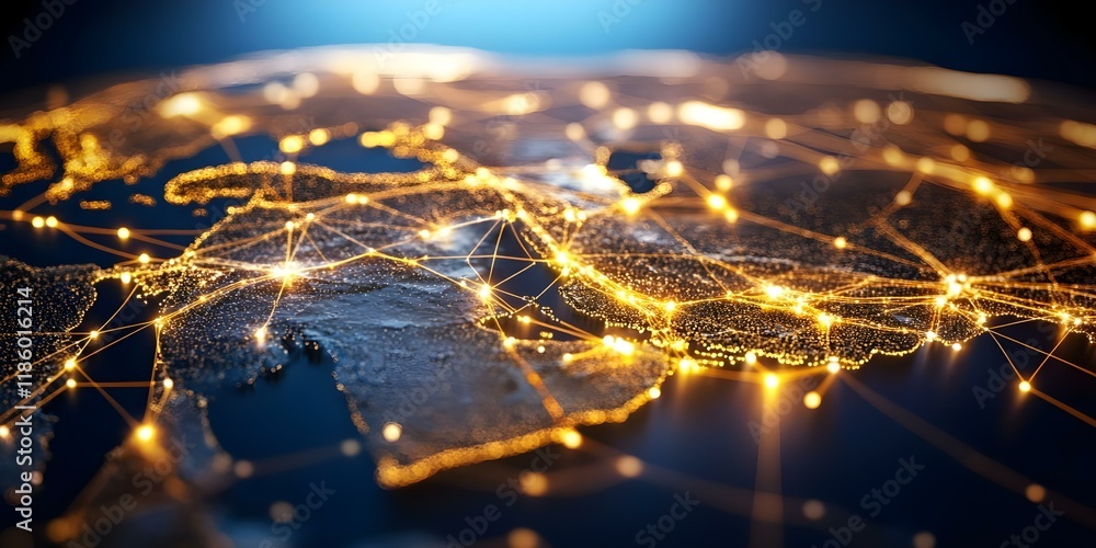 Poster a digital representation of a globe highlighting interconnected networks and illuminated cities acro