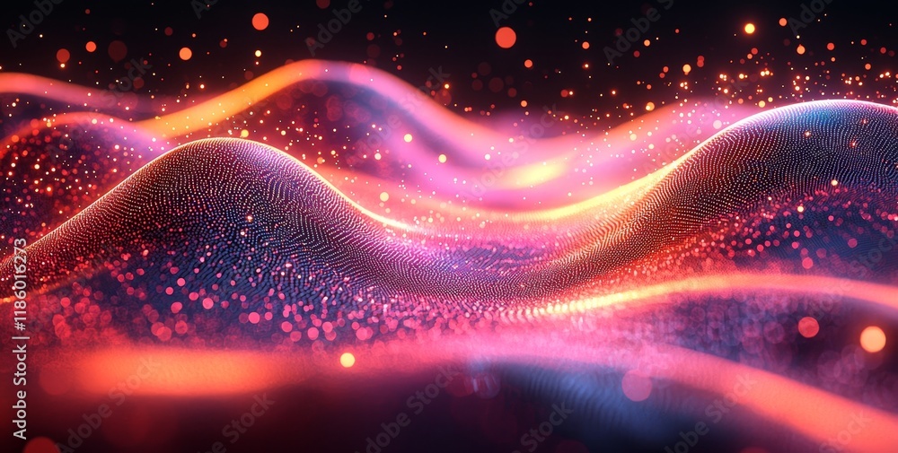 Poster in an abstract digital landscape, stock vibrant colorful waves of light create a mesmerizing dynamic