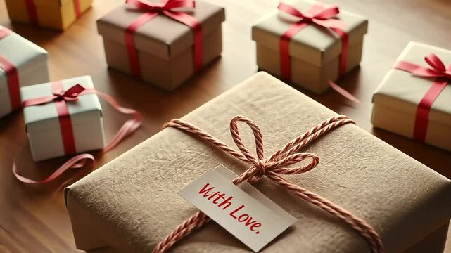 Parcel Tied with Ribbon and Tag Surrounded by Packing Materials