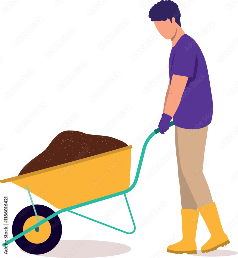 Poster side view of a young man with rubber boot and glove walking while pushing a wheelbarrow loaded with 