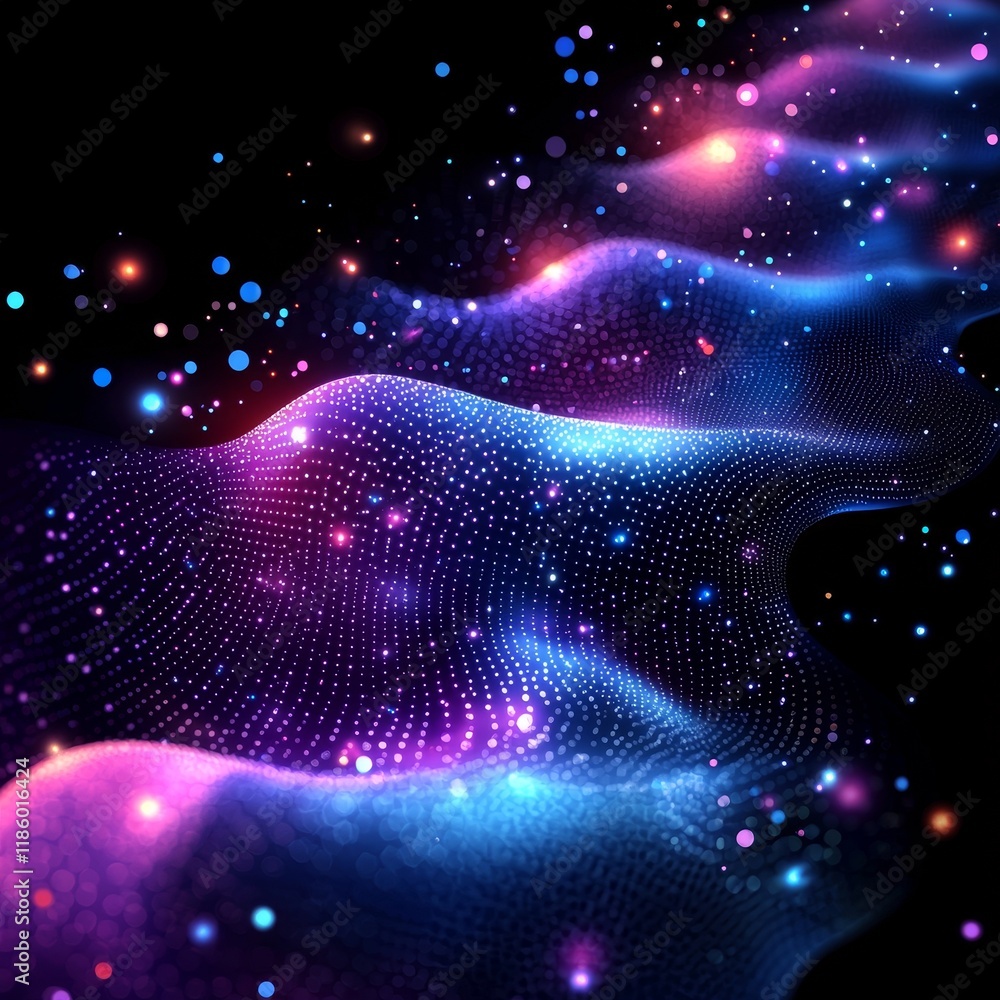 Poster a vibrant abstract design with smooth curves in shades of purple and blue set against a dark backgro