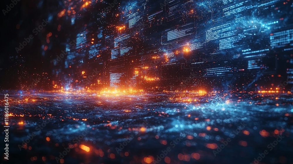 Poster glowing futuristic motion in a digital cyber environment where data flows through a cybernetic space