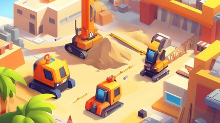 Obraz premium Construction Site: A Vibrant Illustration of Heavy Machinery and Urban Development