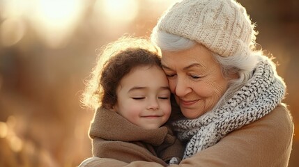 Obraz premium Heartwarming Candid Moment of Senior Woman Embracing Young Girl in Warm Hug During Golden Hour of Natural Light