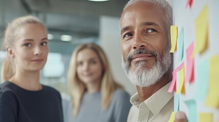 Modern Office Brainstorming Session with Diverse Professionals Collaborating on Creative Ideas Using Colorful Sticky Notes