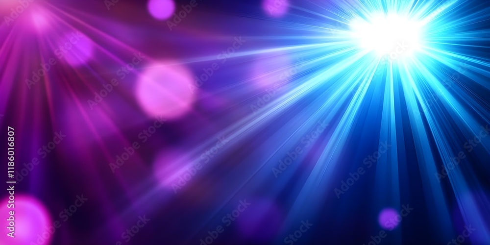 Poster a vibrant display of light beams and bokeh in shades of blue and purple, creating a dynamic and ener