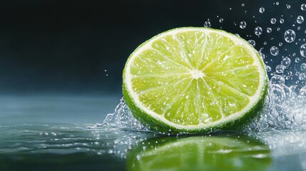 Close-Up of Fresh Lime Slice with Sparkling Water Droplets Splashing in Artistic Presentation