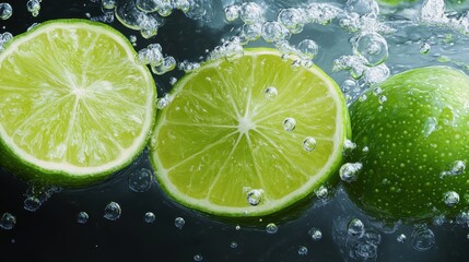 Artistic Close-Up of Fresh Lime Slices in Sparkling Water with Bubbles and Vibrant Colors for Culinary and Beverage Use