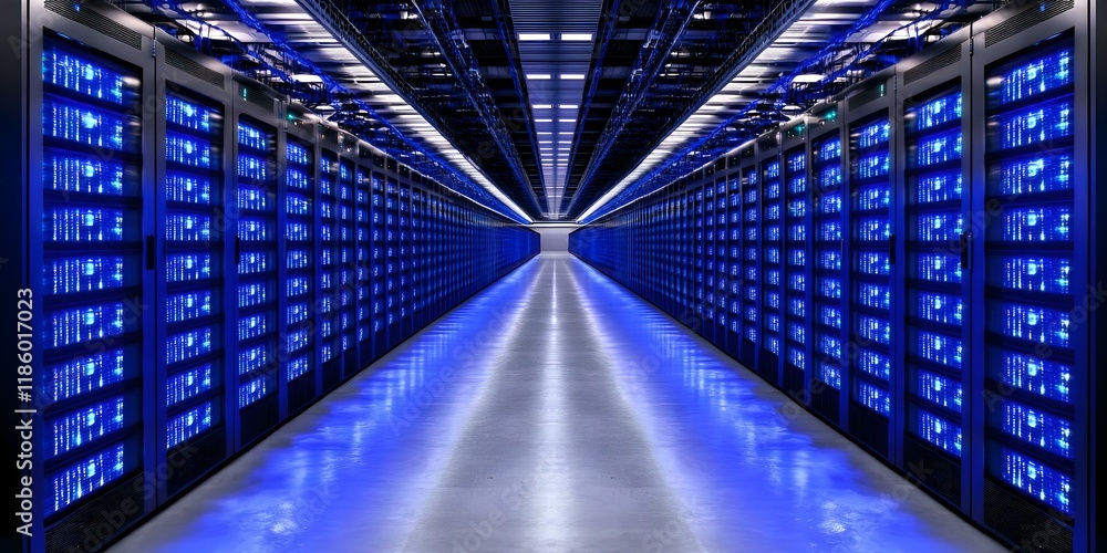 Aufkleber a long corridor of servers with illuminated blue panels, showcasing a high-tech data center architec