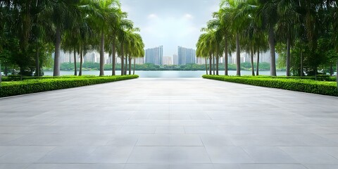 Fototapeta premium A serene pathway lined with palm trees leading to a lake, surrounded by greenery and modern buildings in the background. Concept Serene Pathway, Palm Trees, Tranquil Lake, Lush Greenery