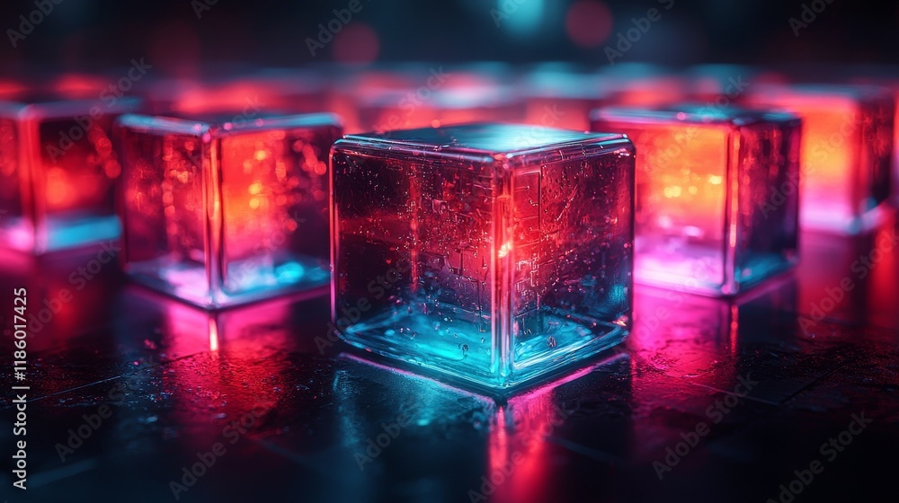 Poster an abstract animation featuring a vibrant colorful background with glass cubes continuously looping 