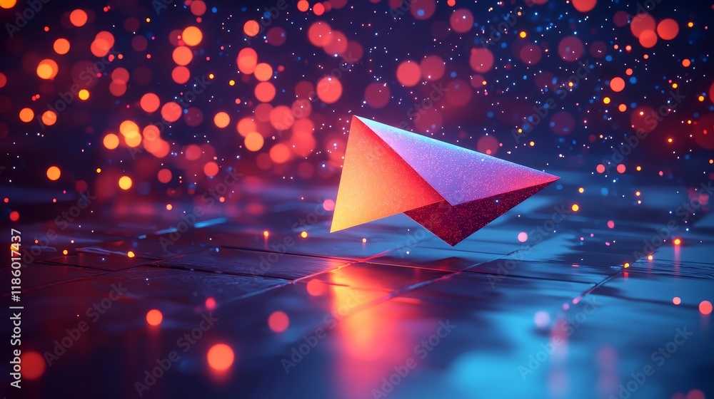 Poster a virtual animation depicting a dynamic paper airplane in motion, set within a digital environment, 