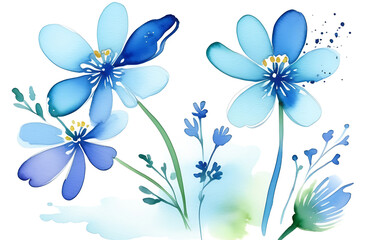 Obraz premium Beautiful spring blue flowers on a white background, vintage watercolor drawing