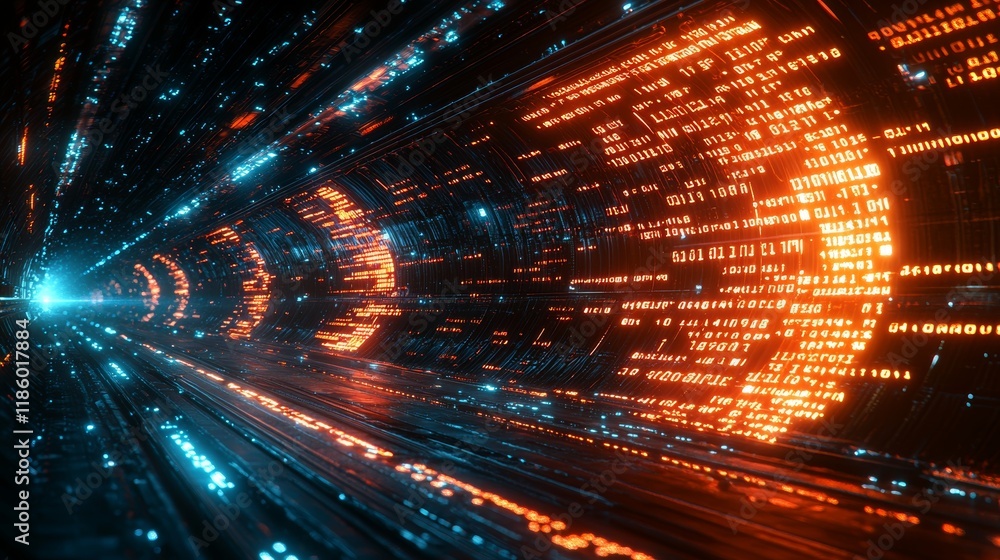 Poster dynamic light tunnel journey in an abstract digital realm with motion graphics, set against a futuri