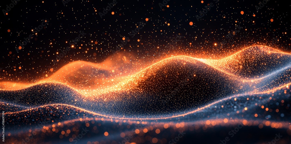 Poster abstract digital waves with glowing blue and orange particles create a dynamic sense of motion and e