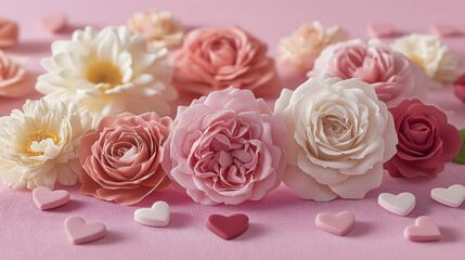 Elegant Pink Roses and Heart-Shaped Petals in a Beautiful Bouquet, Capturing the Romance and Joy of Spring with Soft Pastel Colors for a Cheerful Wedding or Celebration