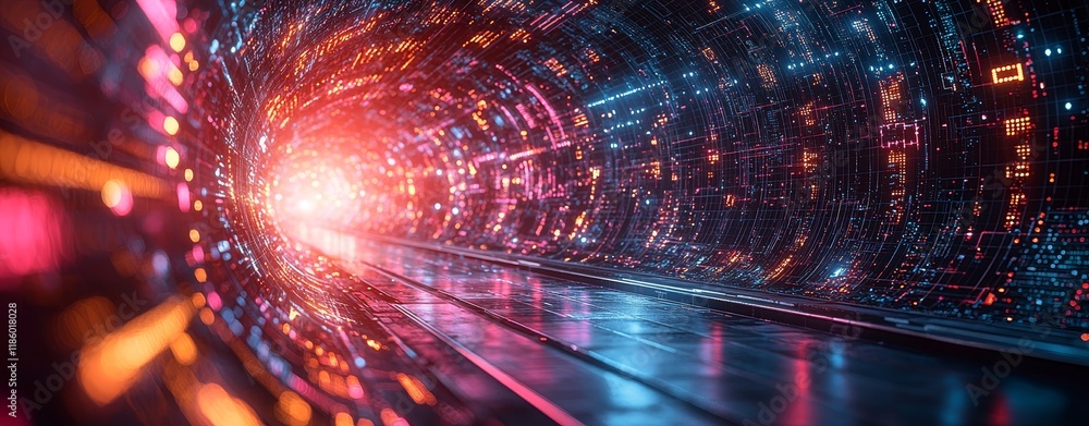 Poster abstract visuals of dynamic digital data flow set in a futuristic environment, capturing a high-tech
