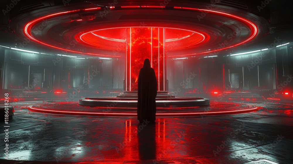 Poster futuristic digital design featuring red light patterns and circular motion in a space-themed setting