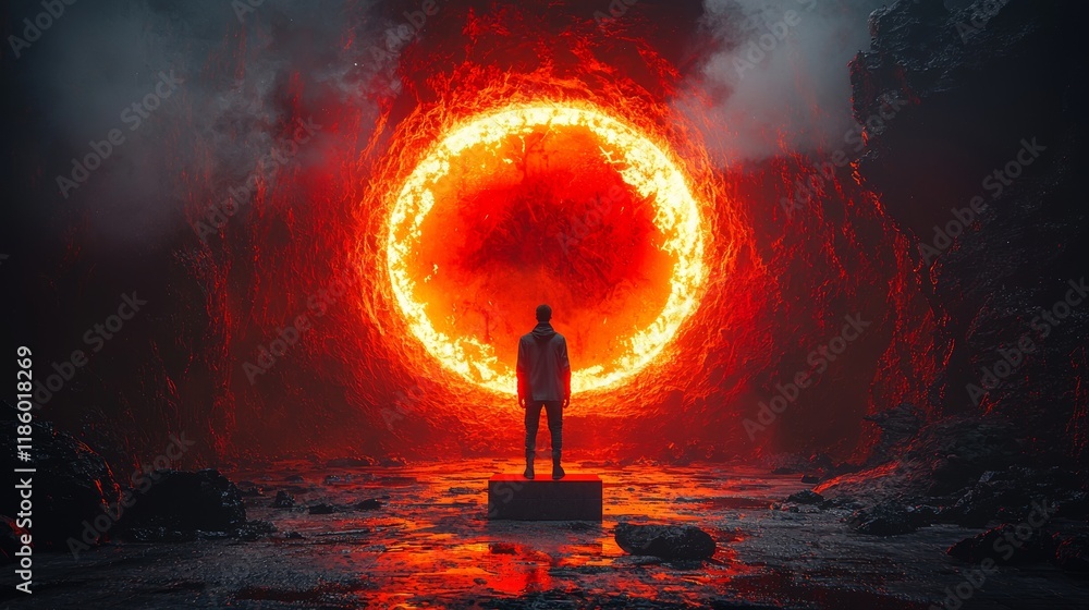 Poster in a space-themed interface, futuristic digital design incorporates red light patterns and circular 
