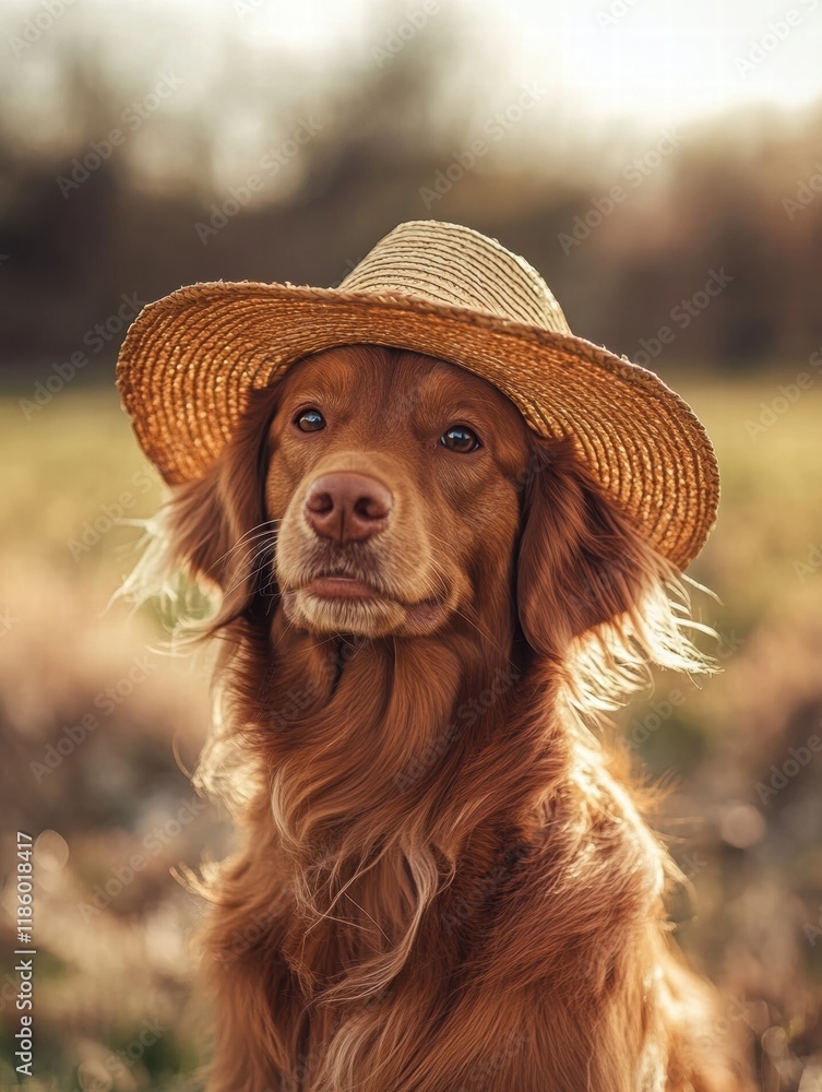 Poster dog wearing a straw hat enjoys a sunny day on a rustic farm surrounded by swaying grasses and golden