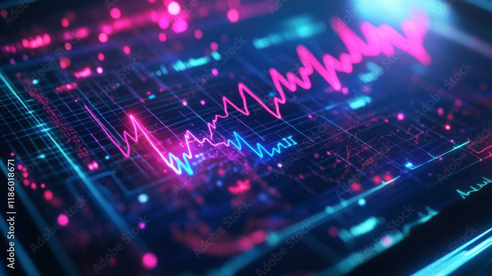 Poster abstract digital heartbeat monitor with colorful waveforms and lights