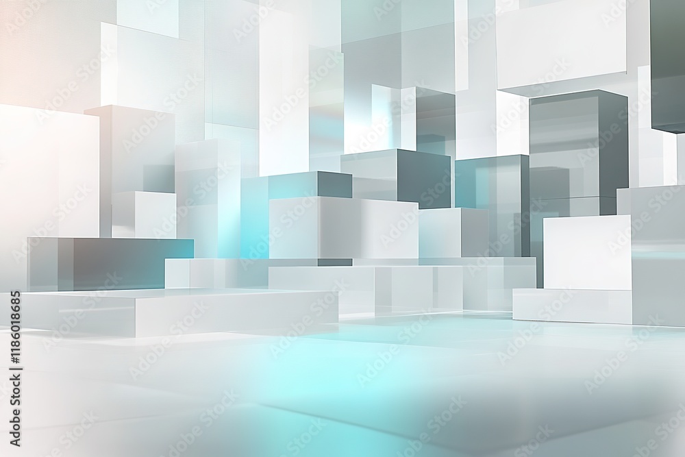 Poster abstract geometric backdrop with floating cubes in white and blue.