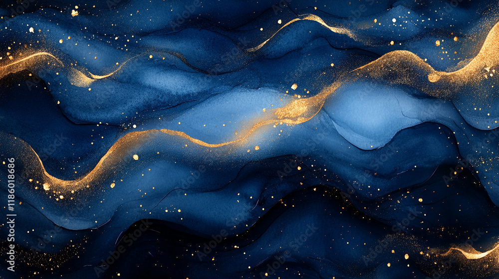 Poster abstract wave pattern in deep blue and gold shimmering on dark textures