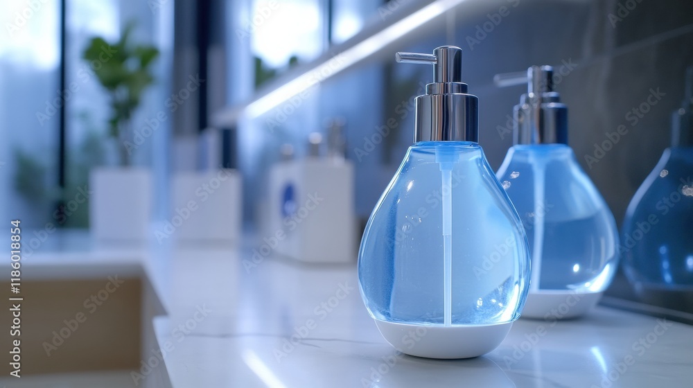 Poster Droplets of sanitizer in a modern bathroom setting eliminating harmful bacteria. Generative AI