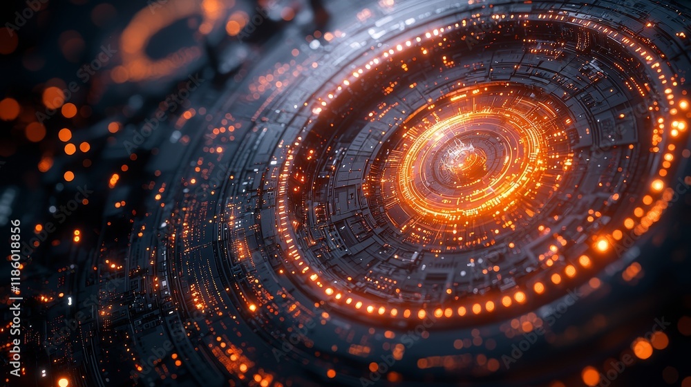 Poster circular animation and motion graphics create a dynamic aerial view of futuristic digital art