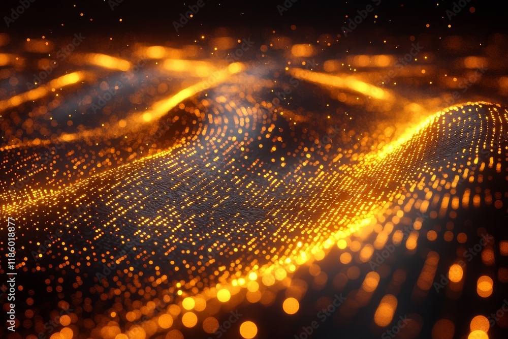Poster colorful light patterns cascade along a digital pathway symbolizing data and technology