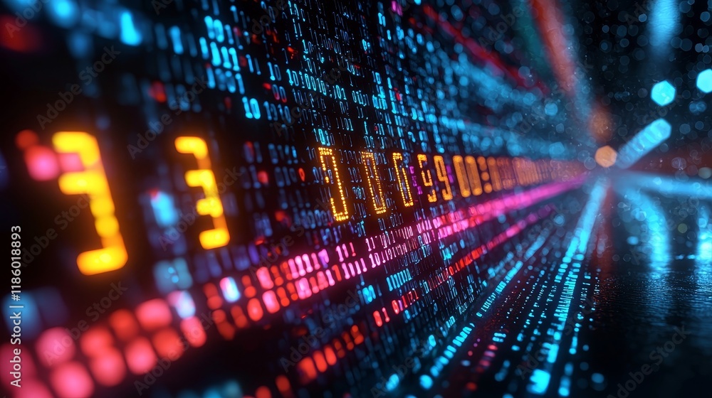 Poster a green, yellow, and red cascade of binary code