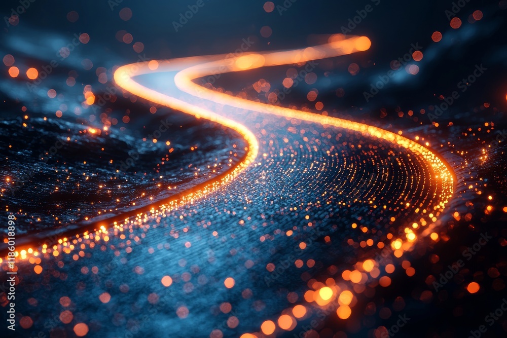 Poster Representing data and technology, colorful light patterns trace a flowing digital path