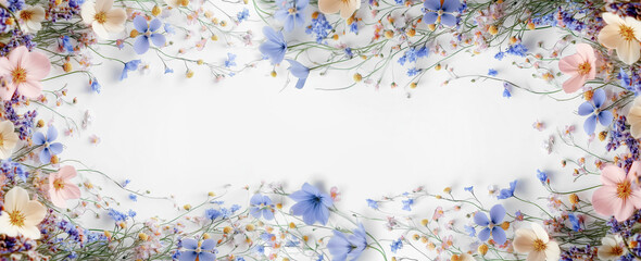 Horizontal flowera frame with beautiful wild flowers on white background, top. Banner