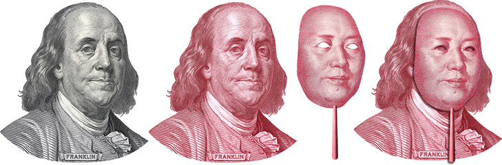 money. franklin in mask of mao. dollar yuan .symbol. USA china economic war concept