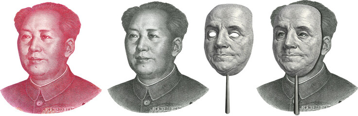 money. mao in mask of franklin. dollar yuan .symbol. USA china economic war concept