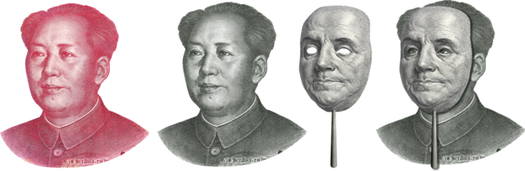 money. mao in mask of franklin. dollar yuan .symbol. USA china economic war concept