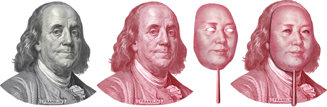 money. franklin in mask of mao. dollar yuan .symbol. USA china economic war concept