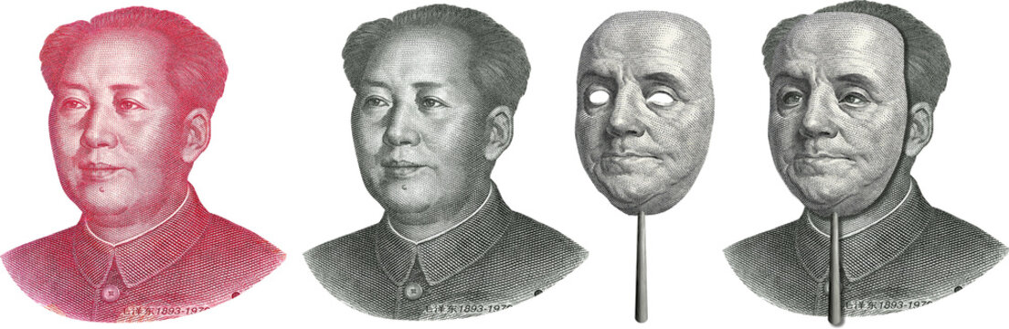 money. mao in mask of franklin. dollar yuan .symbol. USA china economic war concept