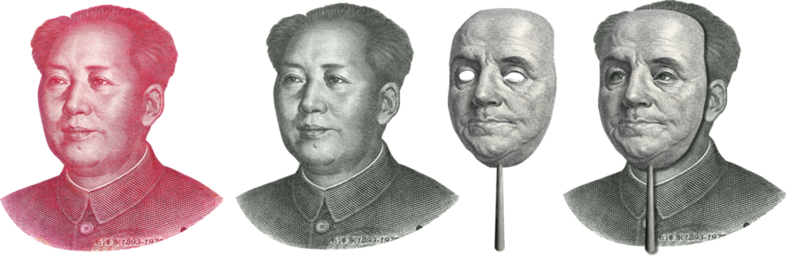 money. mao in mask of franklin. dollar yuan .symbol. USA china economic war concept
