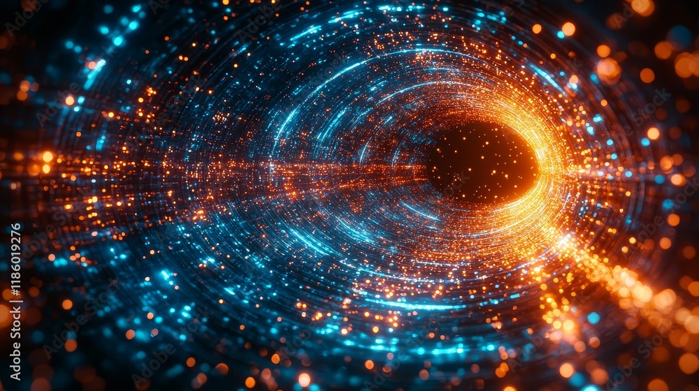 Poster futuristic sci-fi environment featuring a dynamic light speed tunnel journey through advanced digita
