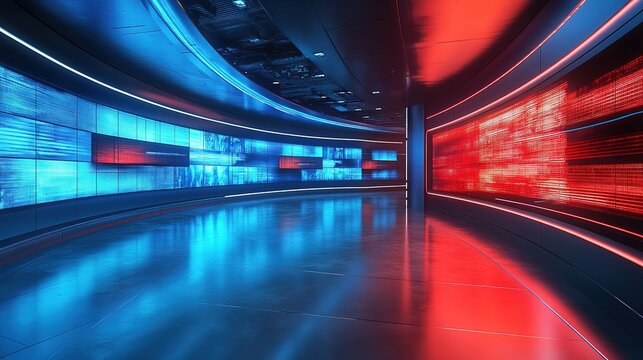 Red and blue futuristic news studio with empty space