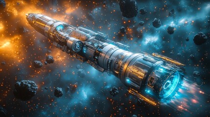 A vivid digital art depiction showcases a daring space battle involving a futuristic starship amidst an asteroid field, seen from an outer space vantage point