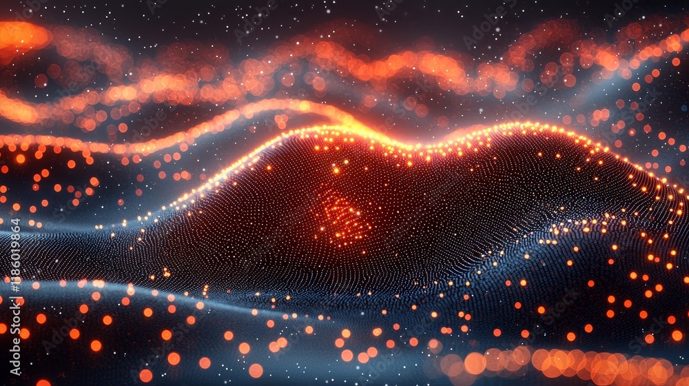 Poster dynamic waves of light and color in an abstract digital landscape, visual art, in a dark environment