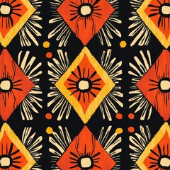 Bold geometric pattern with vibrant red and orange diamond shapes and sun motifs on a black background, symbolizing dynamic and modern design. Perfect for decor and graphic art themes.
