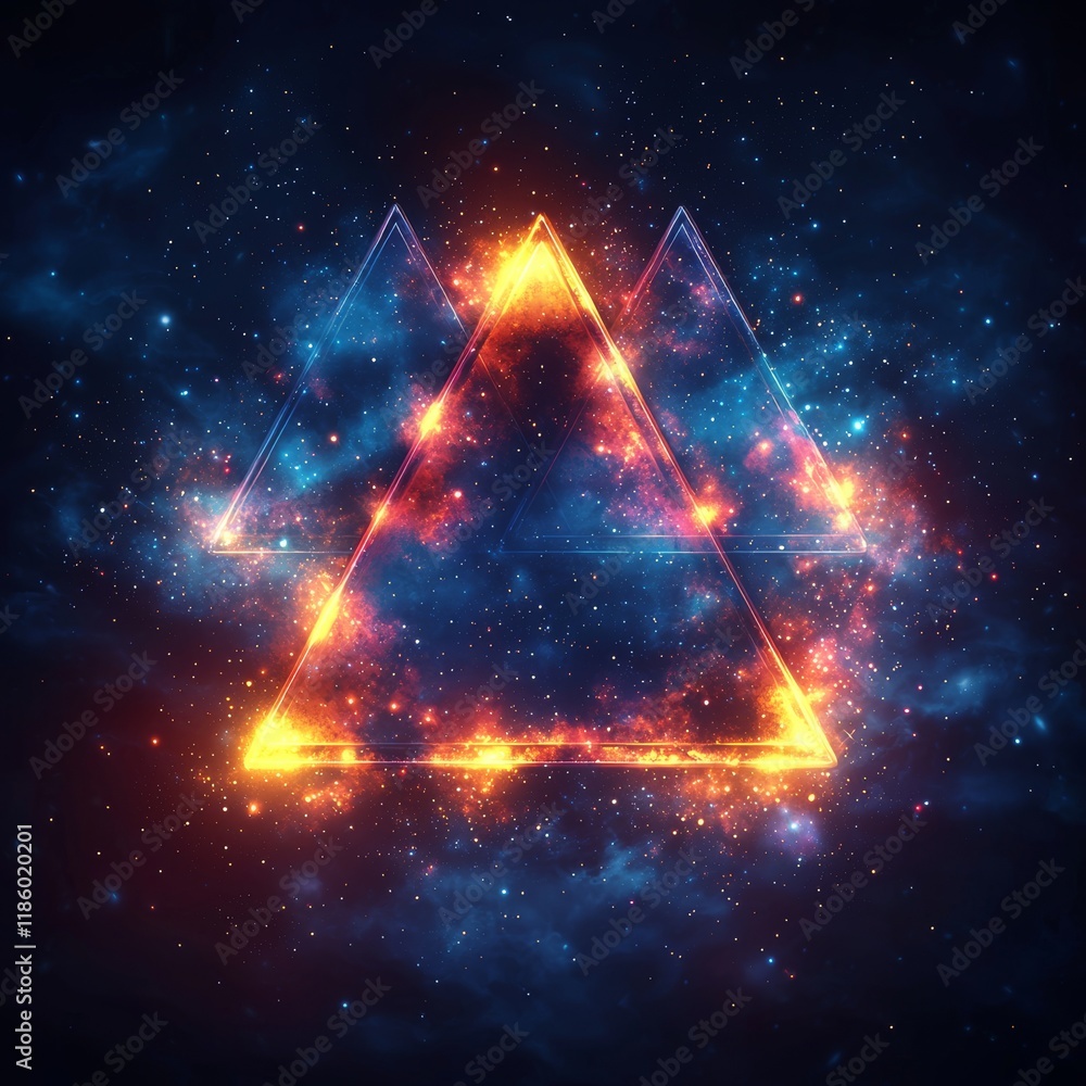 Poster modern digital art features illuminated triangles creating vibrant patterns, observed through an abs